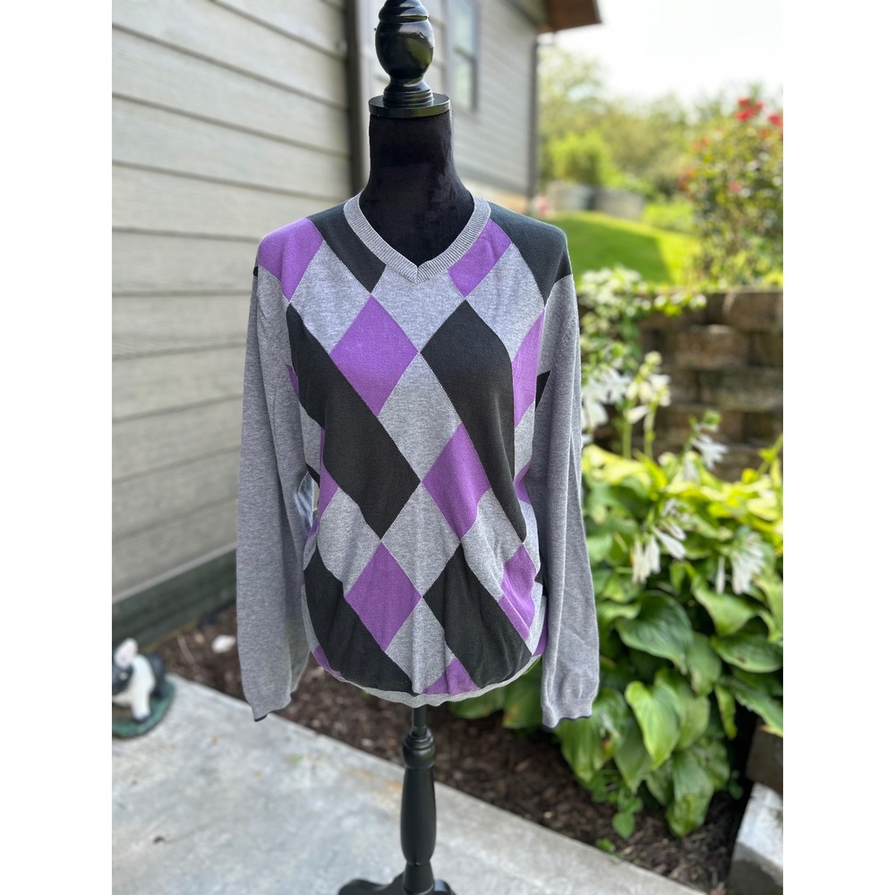 J Ferrar Argyle V-Neck Sweater Lg Gray Purple Modern Fit Lightweight 100% Cotton